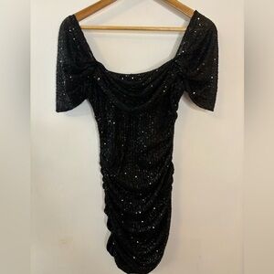 Hello Molly Cap Sleeve Black Sequin Ruched Sides Sequin Mini Dress